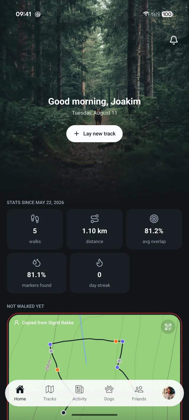 The Wildtracks home screen, with season stats and a track waiting to be walked