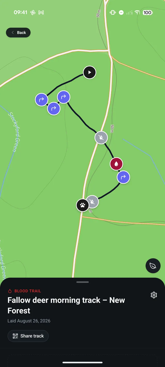A laid track on the map with angles, a blood drop and a wound bed