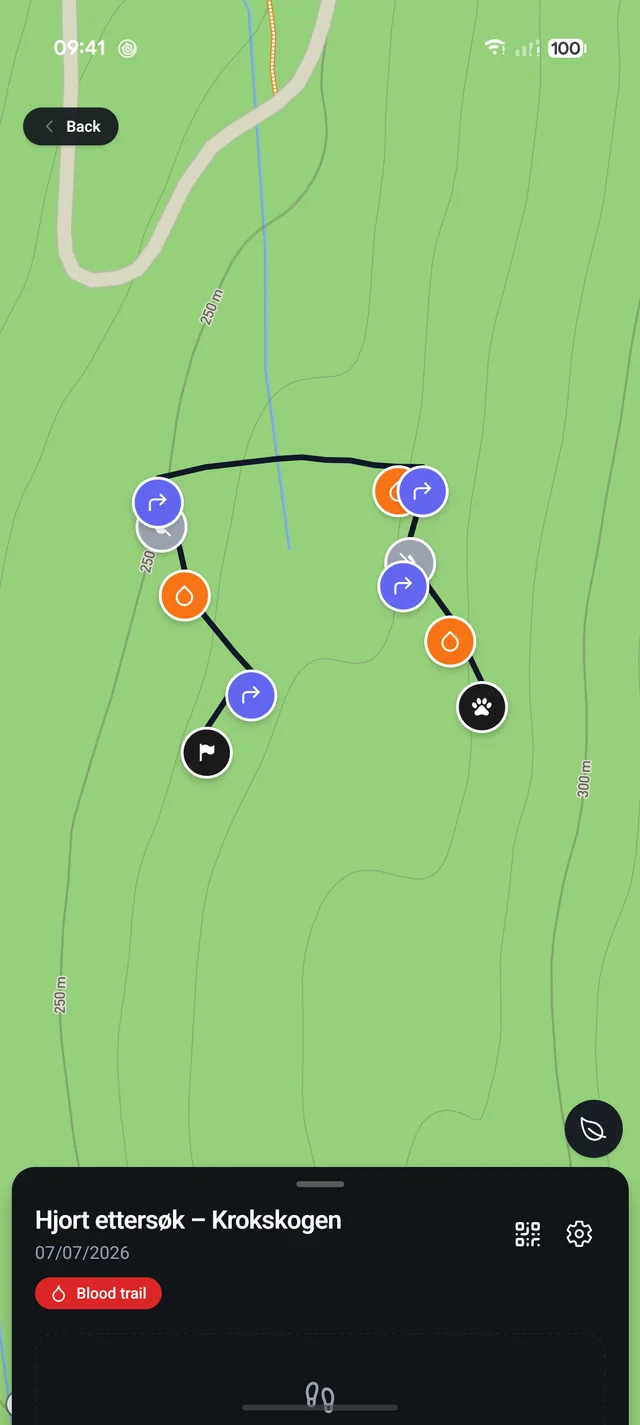 A map showing a laid track and the markers along it